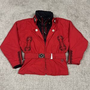 Bogner Ski Jacket Womens 10 Red Embroidered Winter Belted Coat Vintage 80 90 USA